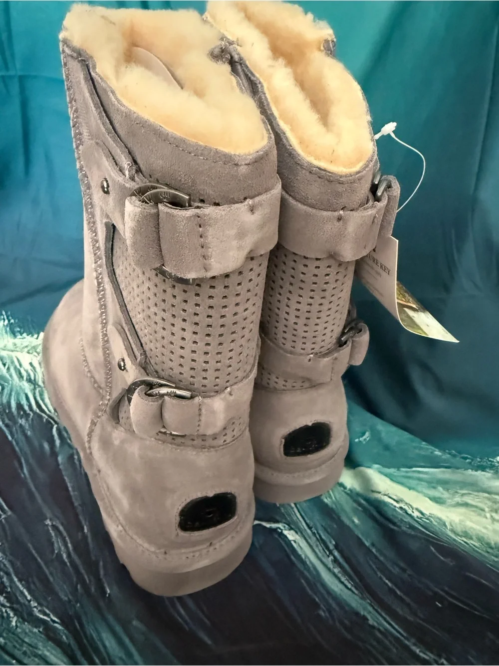 BearPaw Clara Gray Suede Shearling Boots with Back Buckles